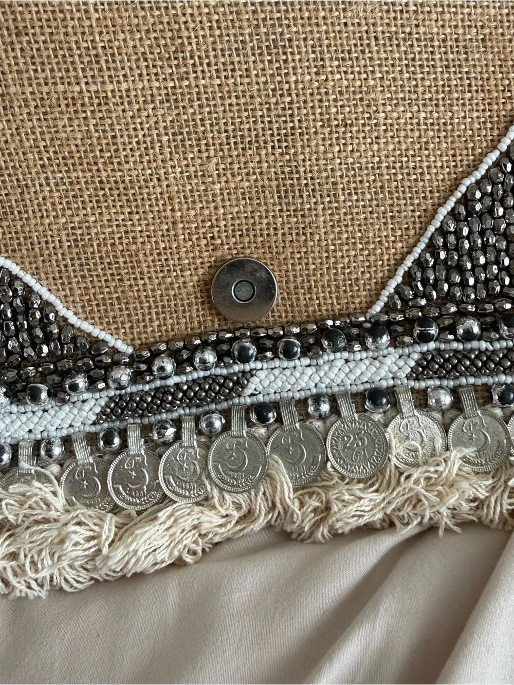 Lulu's Beige Beaded Fringe Clutch